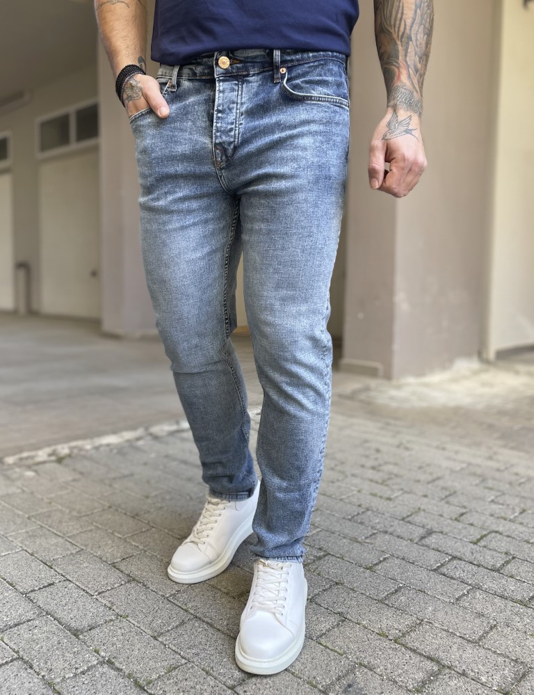 Ανδρικό μπλε χλώριο πεντάτσεπο τζιν παντελόνι ίσιο με κουμπιά 3LN1104 φωτογραφία